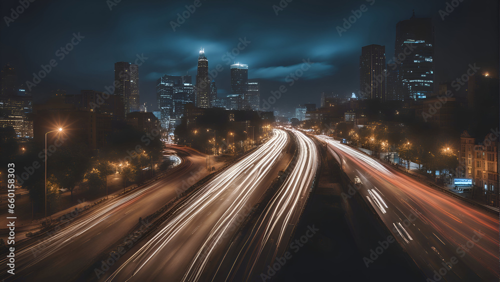 Night traffic in downtown Los Angeles. California. United States of America.