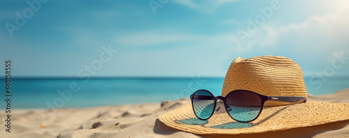 Straw hat and sun glasses on a tropical beach