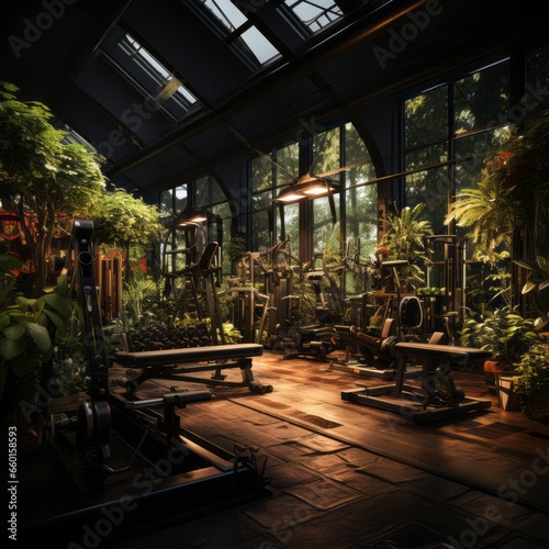 Futuristic weightlifting gym surrounded by plants