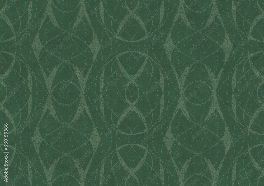 Hand-drawn unique abstract symmetrical seamless ornament. Bright semi transparent green on a deep warm green background. Paper texture. Digital artwork, A4. (pattern: p10-4b)