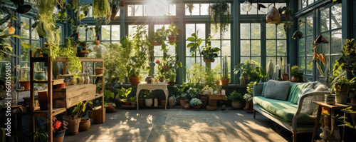 Home garden interior filled a lot of beautiful plants © thejokercze