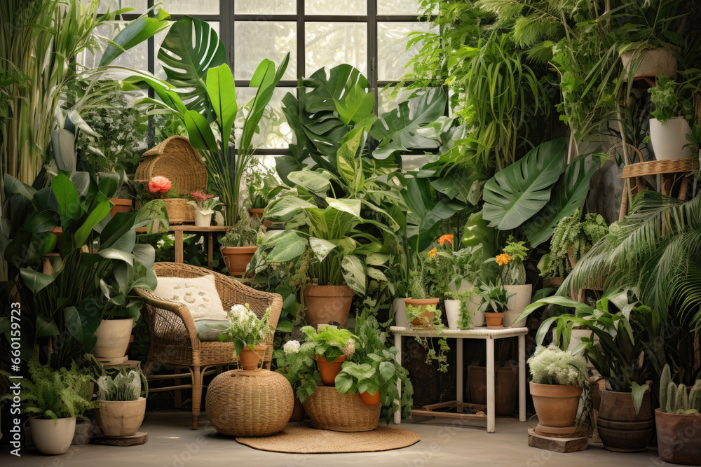 Home garden interior filled a lot of beautiful plants