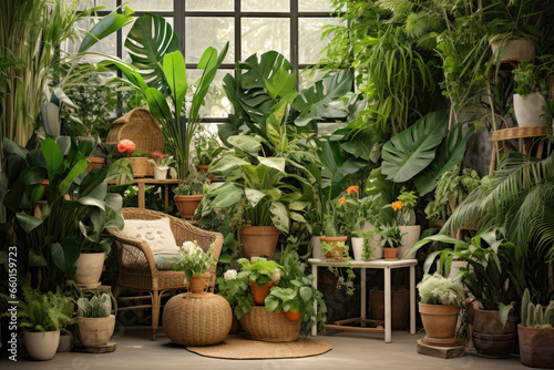 Home garden interior filled a lot of beautiful plants