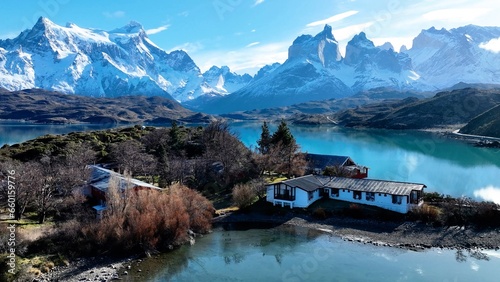 Country House Of Torres Del Paine In Punta Arenas Chile. Snowy Mountains. Glacial Scenery. Punta Arenas Chile. Winter Travel. Country House At Torres Del Paine In Punta Arenas Chile. photo
