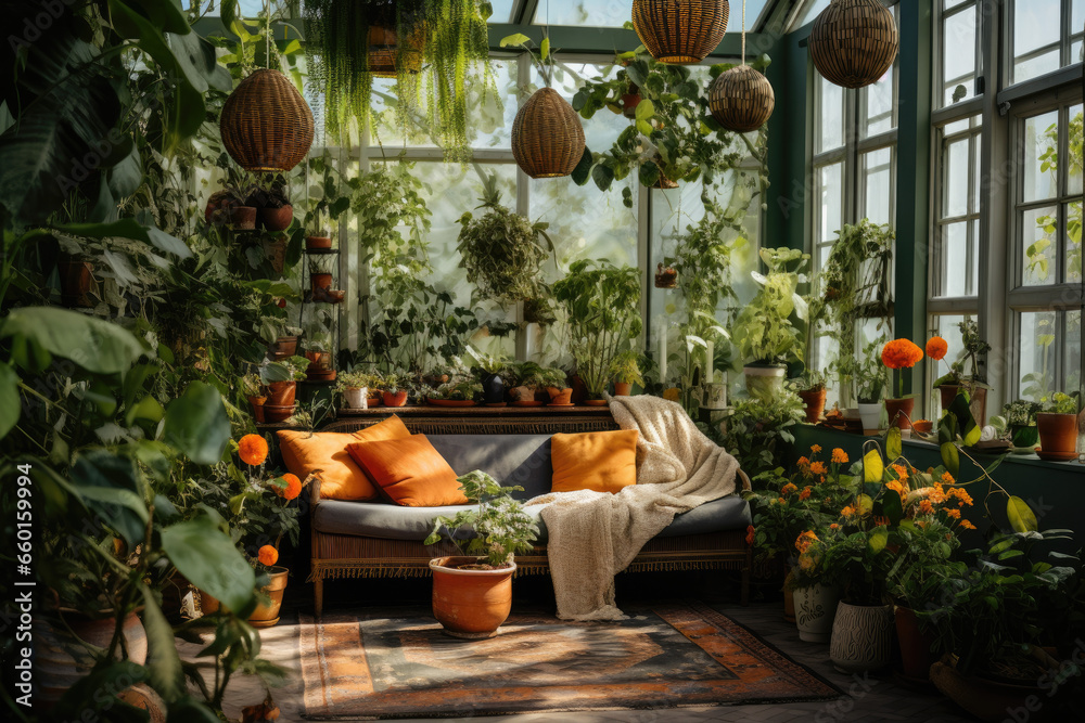 Home garden interior filled a lot of beautiful plants