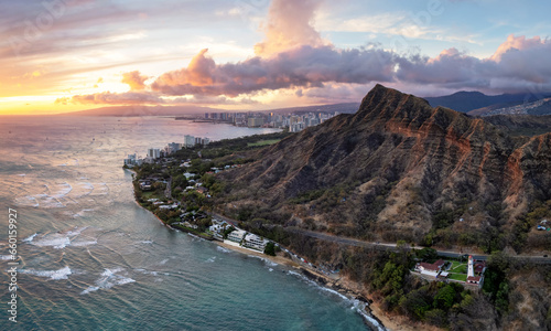 Aerial panoramic view of Waikiki, Diamond Head, and the sunsetting over the Pacific Ocean