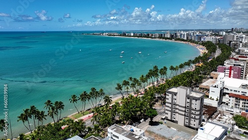Maceio Alagoas Brazil at brazilian Northeast. Aerial panning shoot of turquoise water beach at Maceio Alagoas Brazil. Landmark beach tourism sights. Travel destination photo