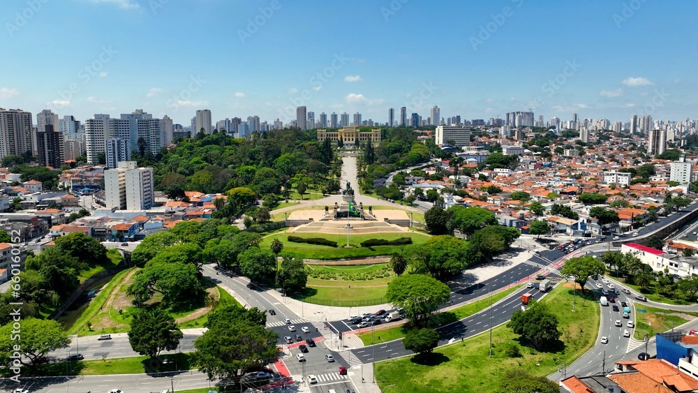 Famous Brazil Independence Museum at downtown Sao Paulo Brazil restorative in 2022. Medieval Building at downtown city. Scenic garden and landmark building of city. Sao Paulo Brazil.