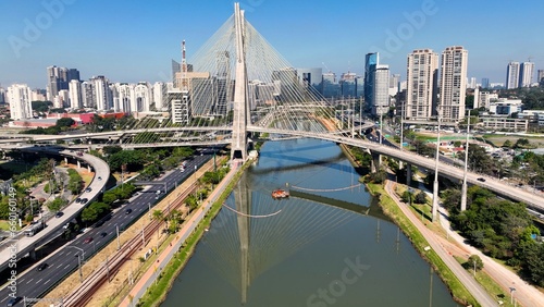 Cable Bridge At Downtown In Sao Paulo Brazil. Cityscape Bridge. Traffic Road. Sao Paulo Brazil. Urban Landscape. Cable Bridge At Downtown In Sao Paulo Brazil.