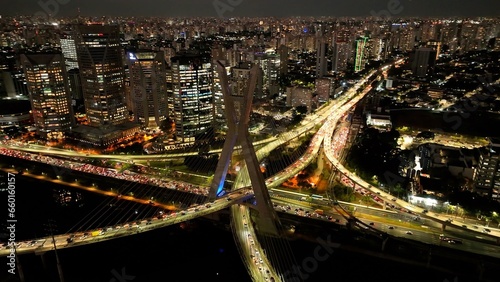 Bild auf Leinwand Time Lapse Traffic At Night City In Sao Paulo Brazil