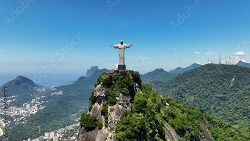 Christ The Redeemer At Corcovado Mountains In Rio De Janeiro Brazil. Mountains Corcovado Skyline. Tourism Scenery. Christ The Redeemer At Rio De Janeiro Brazil. Christ Redeemer Mountains Skyline.