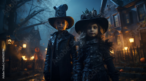 Children in costumes of witch in front of a spooky house in holiday Halloween.