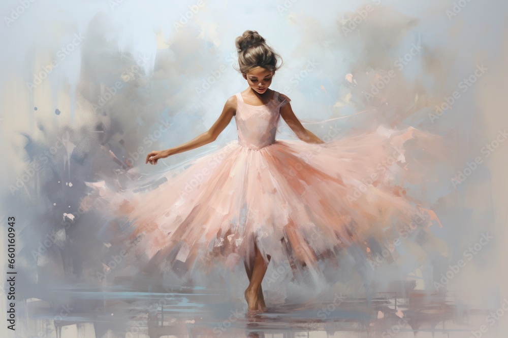 graceful girl in a ballet Peach Fuzz  dress drawn in watercolor - obrazy, fototapety, plakaty 