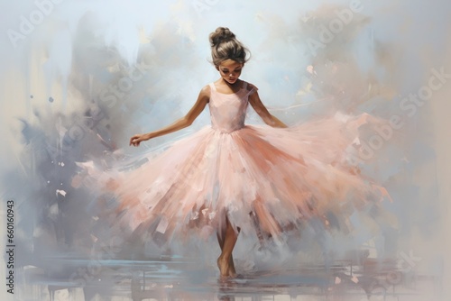 graceful girl in a ballet Peach Fuzz dress drawn in watercolor