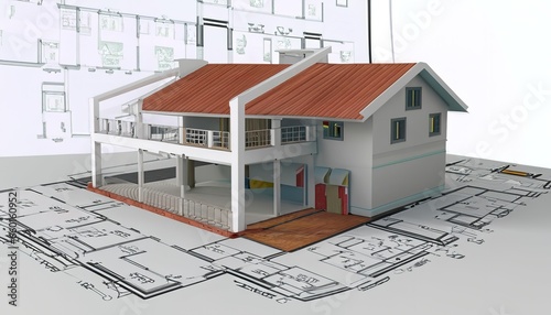 Image from generative AI of a residential house model on architecture floor plan