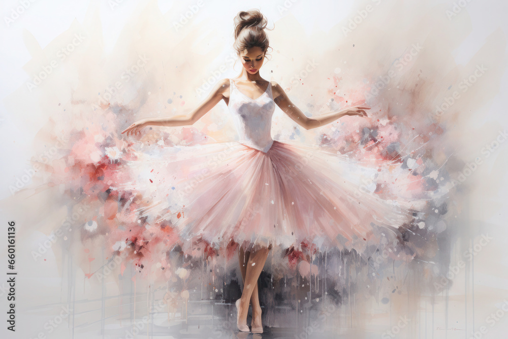 graceful girl in a ballet dress drawn in watercolor - obrazy, fototapety, plakaty 