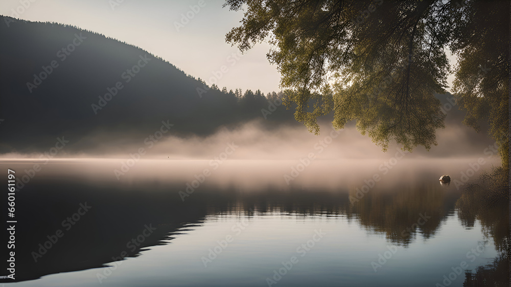Foggy morning on the lake in the mountains. Landscape.