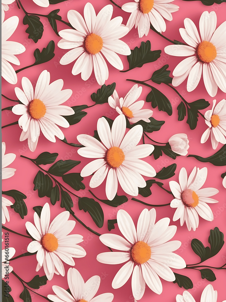 Vector retro seamless pattern with white daisies and pink background