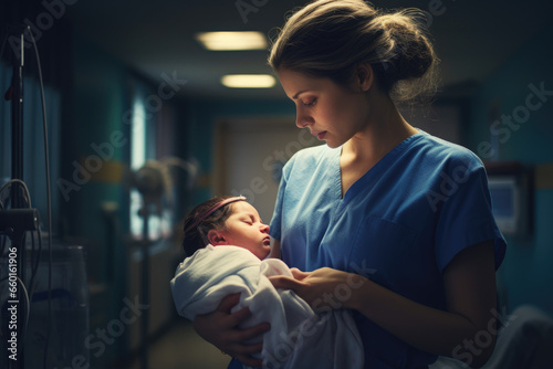 Woman with newborn baby in the hospital