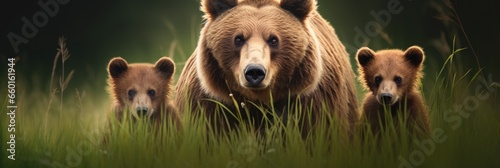 a brown bear and her two cubs on a green grass Generative AI