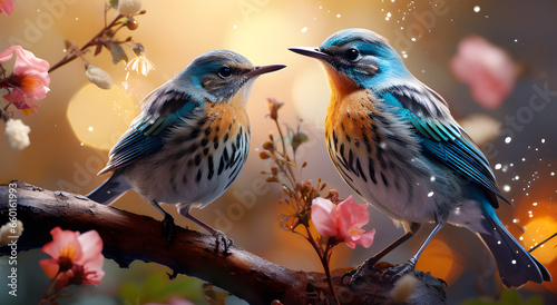 two birds flowers particles bright colors small birds on branch 4K generative ai © AM