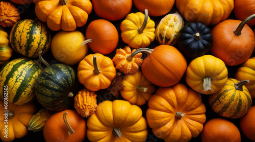 Colorful varieties of pumpkins and squashes. Top view.