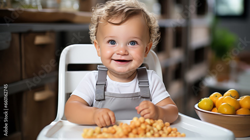 Small happy Boy smile. Child is sitting in kitchen, having meal. Concept of healthy kids food. Ai generative illustration