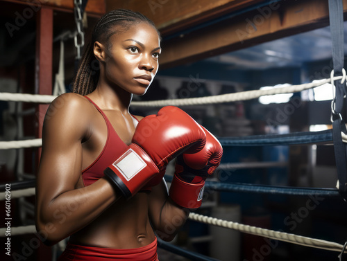 Black woman in boxing gloves on a ring. Concept of sport training. Ai generative illustration © ImageFlow