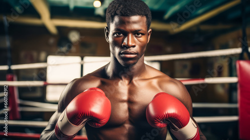 Black man in boxing gloves on a ring. Concept of sport training. Ai generative illustration