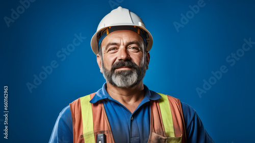 A man worker in hard hat, construction worker. Blue background. Ai generative