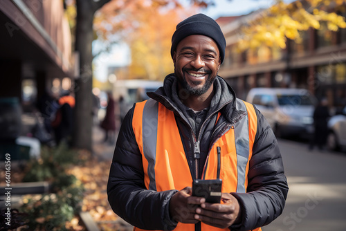 Delivery man with cell phone in hands working. Generative AI