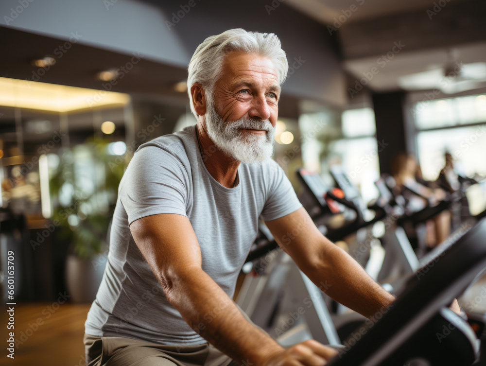 Fototapeta premium Old man training in gym. Healthy lifestyle for elder people with sport and fitness concept. Ai generative illustration