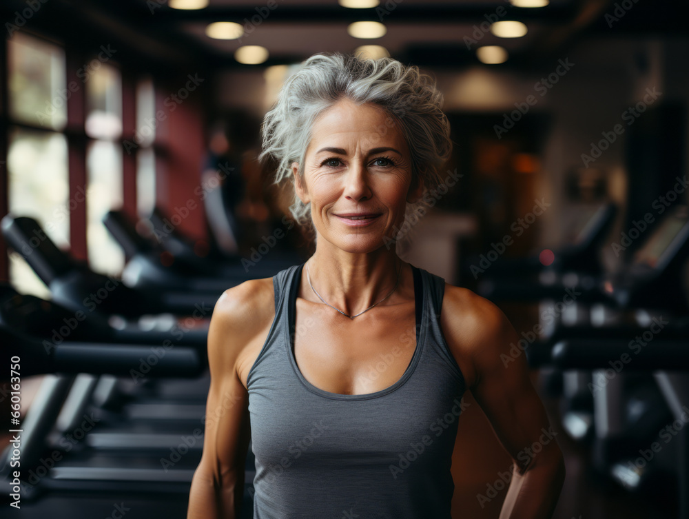 Old woman with grey hair training in gym. Healthy life with sport and fitness concept. Ai generative illustration