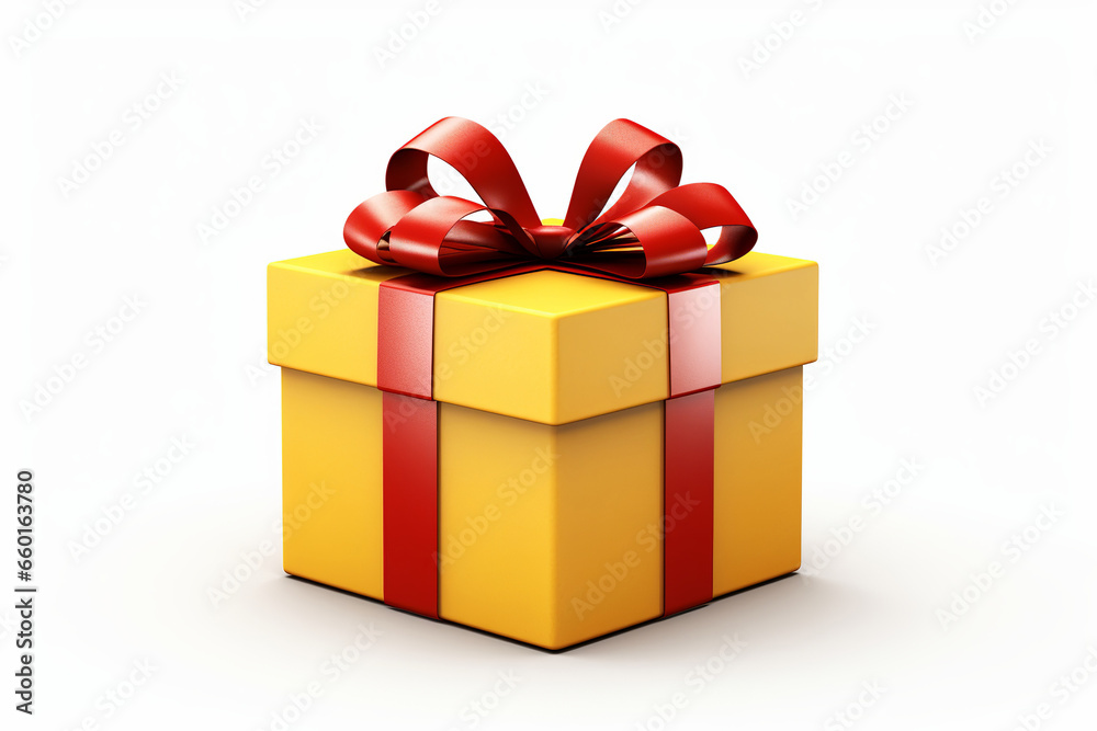 Fototapeta premium Yellow present box with red ribbon front view. white background