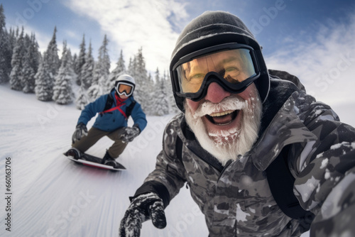 Happy senior people on winter holidays snowboarding in snowy mountains. Active senior men enjoying extreme sport in mountains, displaying joy, embodying a healthy, retired lifestyle
