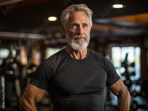 Happy old strong man stands in gym. Healthy lifestyle for elder people with sport and fitness concept. Ai generative illustration
