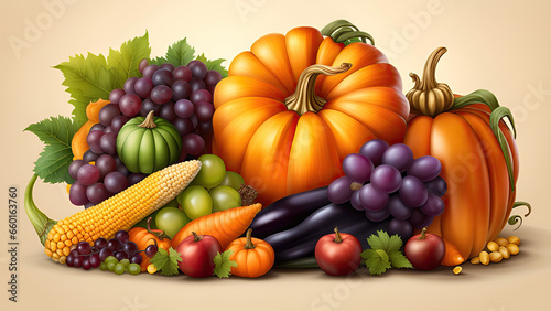 Assortment of fresh vegetables and fruits on a white background.Cornucopia,Thanksgiving or fall harvest banner for design.Generative AI