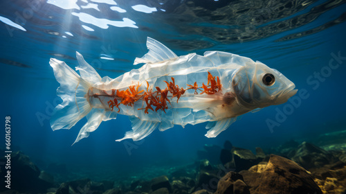Fish made of plastic bags are swiming in the ocean. Contamination of the Oceans. Marine plastic pollution concept. Environmental pollution. Ai generative