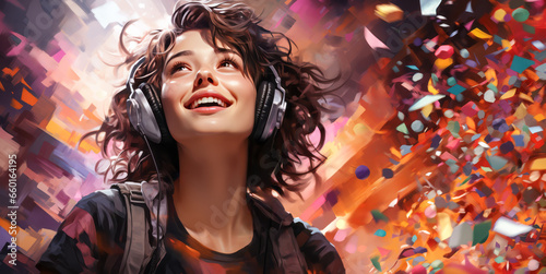 Attractive woman with headset listening music. Look up. Ai generative illustration