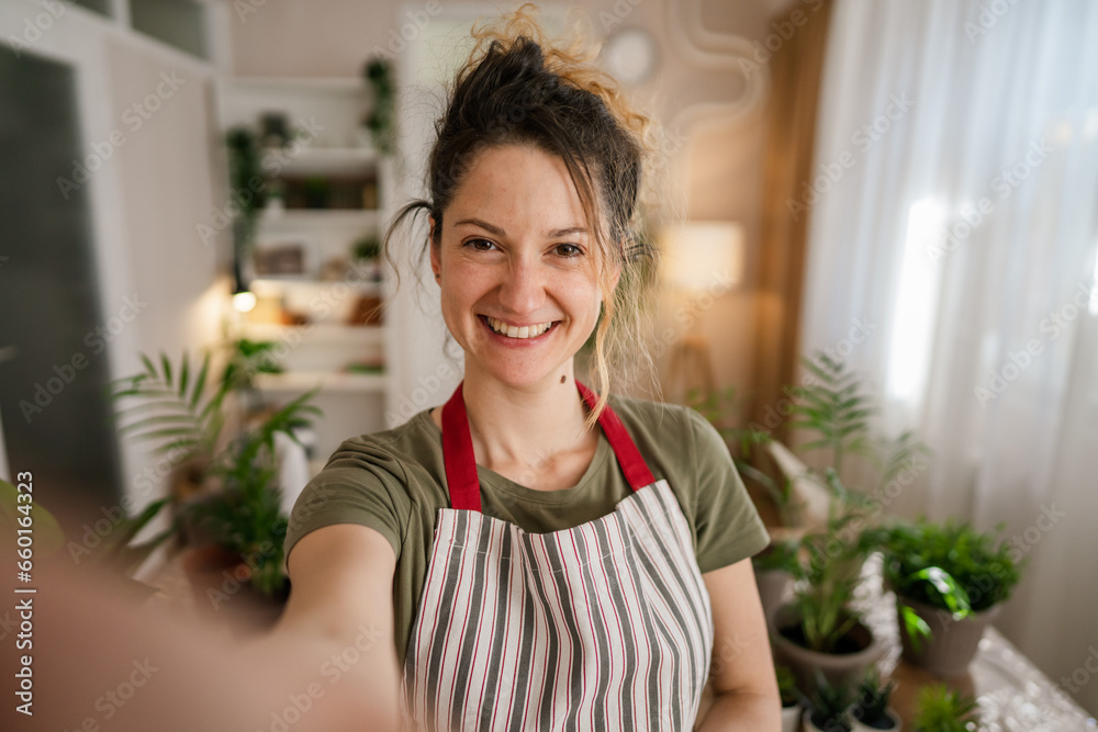 woman gardener florist portrait at home indoor happy female smile woman gardener florist portrait at home indoor happy female smile