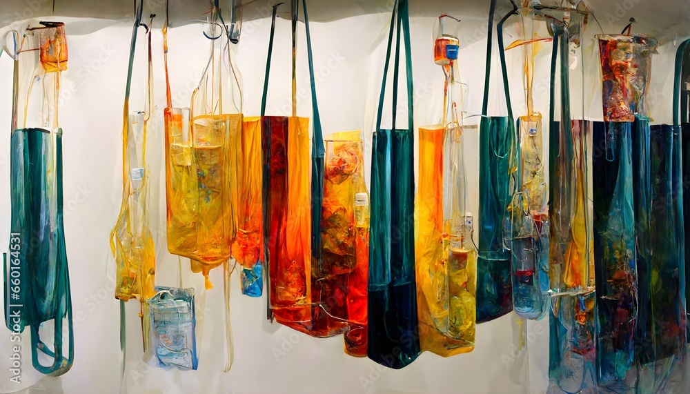 many medical infusion bags hanged plastic tubes drips the coloured liquids on a painting canvas Drip Painting each bag contains one colour nsanely detailed and intricate golden ratio 