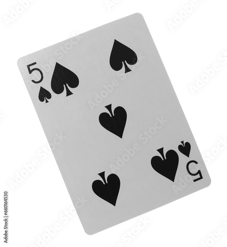 Flying playing card for poker and gambling, five of spade isolated on white, clipping path
 photo