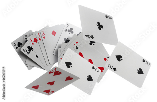 Flying playing cards for poker and gambling, set isolated on white, clipping path 