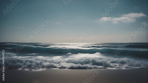 Seascape with sea waves on the sandy beach. vintage filter