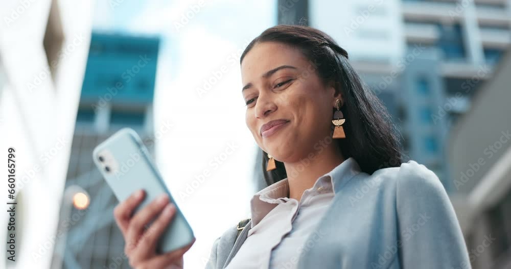 Phone, city and business woman chatting with connection and commute reading online social media news. Internet, mobile app and happy employee smile while networking, search or typing on smartphone