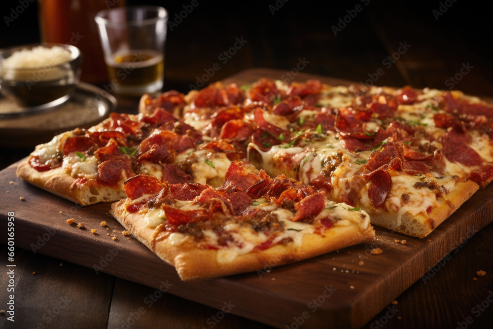 Freshly made pizza on a wooden background in St. Louis-style , the tavern cut Freshly made pizza on a wooden background in St. Louis-style , the tavern cut