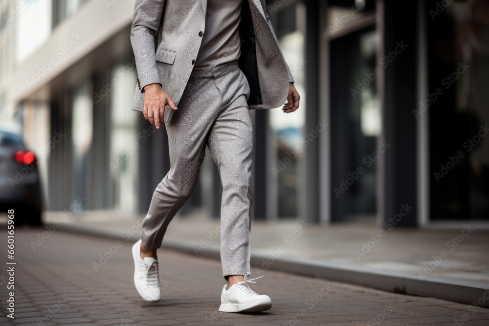 Fototapeta premium Witness the fusion of style and comfort in this close-up featuring a man's sneakers and joggers combined with a tailored blazer, showcasing the adaptability of athleisure from fitness to fashion