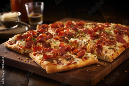 Freshly made pizza on a wooden background in St. Louis-style , the tavern cut