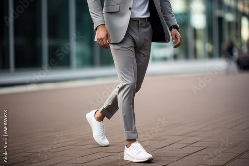 Zoom in on the trendy athleisure look: a man's sneakers and joggers paired with a sophisticated blazer, highlighting the seamless transition from sportswear to chic street fashion