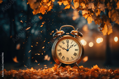 Clocks set against a picturesque autumn scene representing the switch to winter time in the USA on November 5th